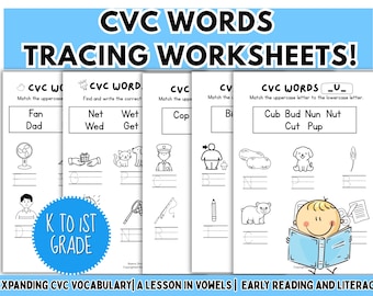 CVC Word Tracing Worksheet Print Handwriting Practice Word Family Phonics Learn to Read Vowel Kindergarten First Grade Write Early Literacy