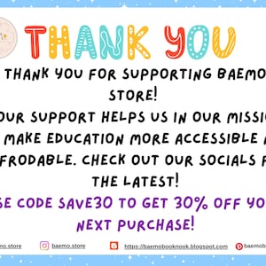 May include: A blue background with white star-shaped sparkles. The text "THANK YOU" is in colourful bubble letters. The text reads "THANK YOU FOR SUPPORTING BAEMO STORE!" and "USE CODE SAVE30 TO GET 30% OFF YOUR NEXT PURCHASE!"