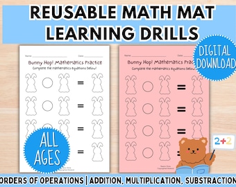 Reusable Dry Erase Math Mat Worksheet, Bunny Theme Sheet, Easter Peep Mathematics Activity (Digital Download)