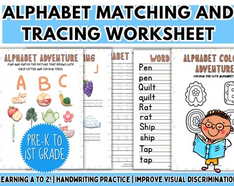 100 Alphabet Worksheets Preschool Tracing Pack Pre-K Kindergarten Learning Bundle Printable ABC Word Matching Activity Learning PDF Digital