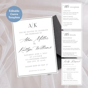 Elegant Black & White Wedding Invitation Suite: Minimalist Canva Template (Digital Download