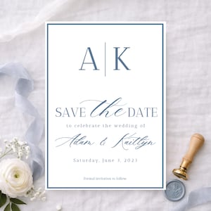May include: A white wedding invitation with a blue border features the text "SAVE the DATE" and the names "Adam & Kaitlyn." The date "Saturday, June 3, 2023" is also displayed. The invitation includes the initials "AK" at the top.