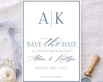 Dusty Blue Save the Date Template, Elegant Minimalist Wedding Save the Date, Monogram Wedding Announcement, Editable Canva Save the Date