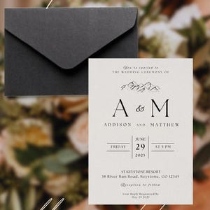 Modèle de faire-part de mariage montagne, faire-part de mariage imprimable à téléchargement immédiat, Design minimaliste moderne, faire-part de mariage personnalisé, noir, beige