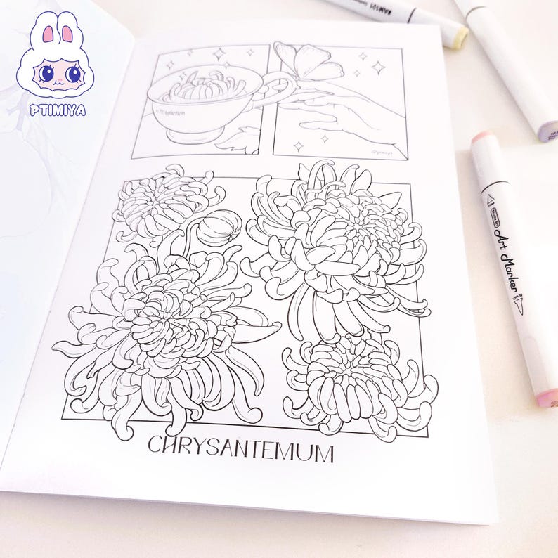 Aesthetic coloring page with chrysantemum