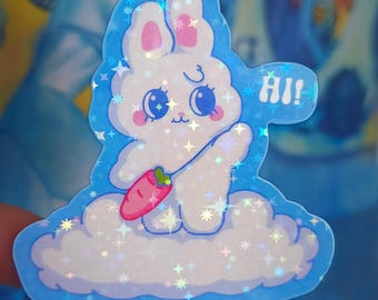 Poodieclou Bunny Sticker: Holographic Stars, Waterproof Die-Cut