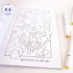 Tropical coloring page with orchids, snakes, monstera from botanical coloring book.