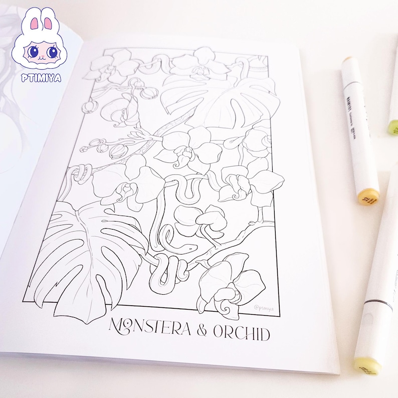 Tropical coloring page with orchids, snakes, monstera from botanical coloring book.