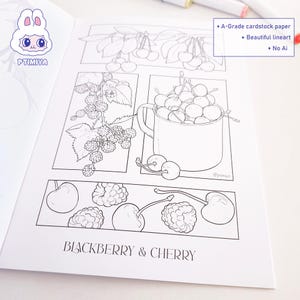 May include: Open coloring book page featuring detailed line art illustrations of cherries and blackberries. The text "BLACKBERRY & CHERRY" is at the bottom. The page includes text that says "A-Grade cardstock paper", "Beautiful lineart", and "No Ai".