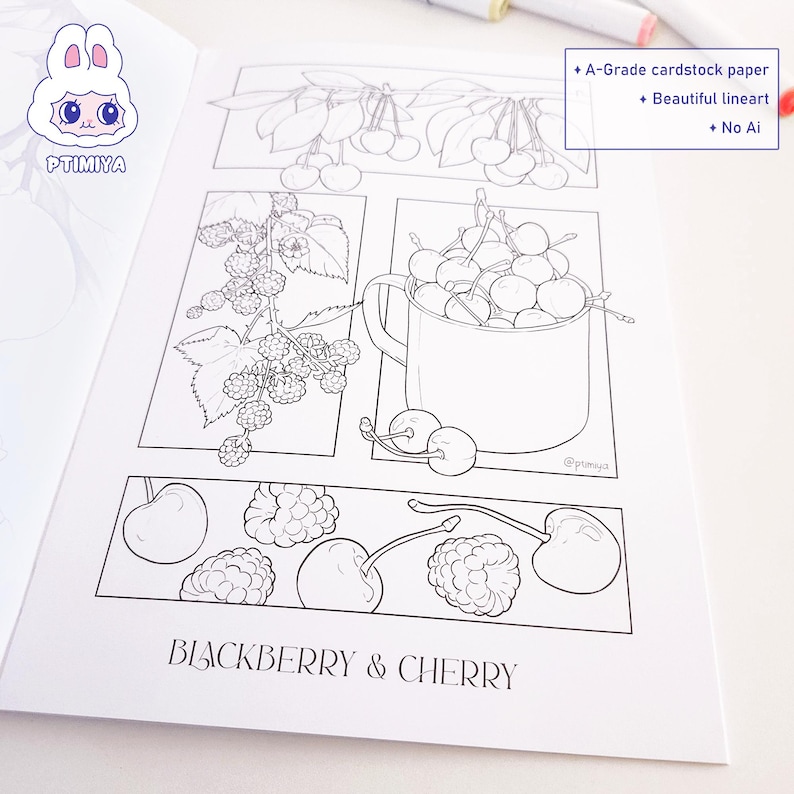 May include: Open coloring book page featuring detailed line art illustrations of cherries and blackberries. The text "BLACKBERRY & CHERRY" is at the bottom. The page includes text that says "A-Grade cardstock paper", "Beautiful lineart", and "No Ai".