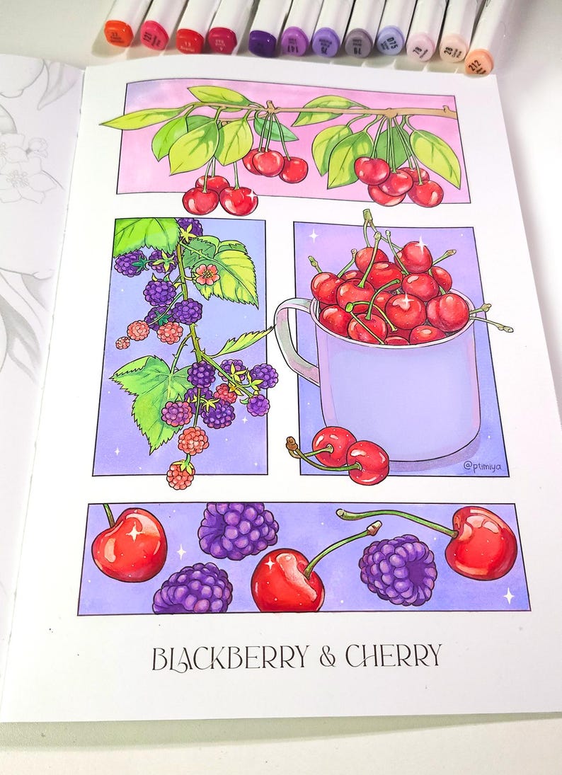 May include: A hand-drawn illustration of blackberries and cherries. The blackberries are purple and green and the cherries are red. The illustration is on a white background with a purple border.