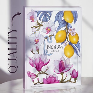May include: A coloring book titled "Bloom Coloring" features illustrations of white orchids, pink magnolias, and yellow lemons. A light blue snake winds through the floral arrangement. The cover is white with the text "Bloom coloring" and "Made in Ukraine".