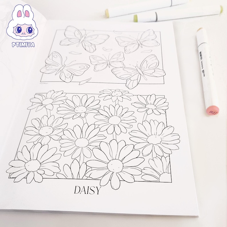 Butterfly daisy coloring page from floral coloring book