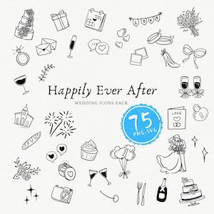 Handgezeichnete Hochzeits Icons Illustrationen Bundle Set, Hochzeit Vektor, Minimalistische Line Art Clipart, Einladung, Doodles, SVG PNG