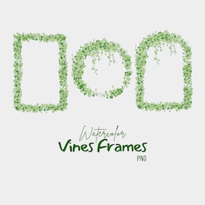 Może przedstawiać: Trzy ramki z winorośli w akwareli, jedna kwadratowa i dwie prostokątne, z zielonymi liśćmi i winoroślami. Tekst "Watercolor Vines Frames PNG" znajduje się pod ramkami.