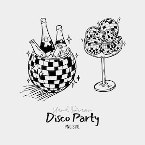 Retro Disco Ball Champagne Bucket & Martini Glass Clipart Ilustrações | Disco Party | PNG SVG desenhado à mão | Decoração dos anos 70 | Download digital