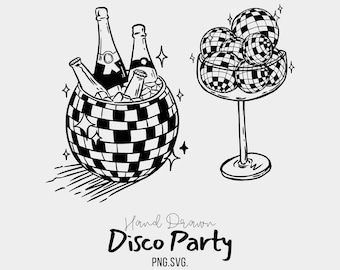 Disco Ball Clipart: 70s Party Champagne Bucket & Martini Glass (Digital Download)
