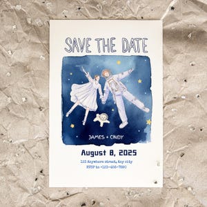 Save the Date-kaart met ruimtethema - astronautenhuwelijksuitnodiging met grillig artwork Minimalistisch ontwerp bewerkbare afdrukbare uitnodiging