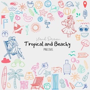 Clipart de playa tropical dibujado a mano / Arte lineal de verano PNG SVG / Despedida de soltera, Vacaciones, Garabatos digitales costeros