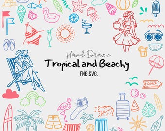 Hand-Drawn Tropical Beach Clipart | Summer Line Art PNG SVG | Bachelorette, Vacation, Coastal Digital Doodles