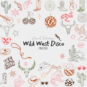 Cowgirl Bachelorette Graphics | Ilustrações de clipart de discoteca do oeste selvagem desenhadas à mão | Western Cowboy Boho Retro Country Clip Art PNG SVG