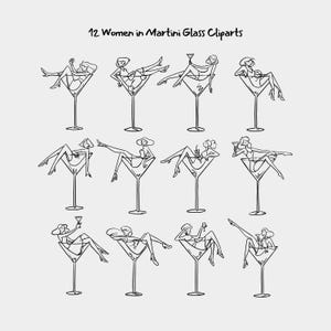 Retro Pin-Up Girl Martini Clipart: Burlesque Line Art (SVG, PNG Digital Download)