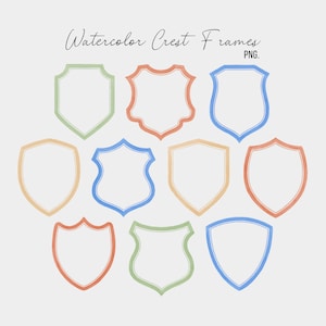 May include: Set of ten watercolor crest frames in various shapes and colors, including blue, green, orange, and peach. The frames are blank and ready to be filled with text or images.