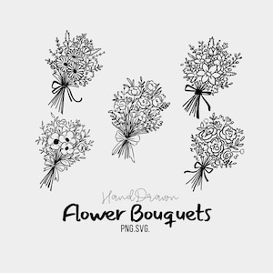花束のクリップアートコレクション | 手描きの花の要素 | 開花と繁栄 | 植物の線画、花の落書き、ステッカー、SVG PNG
