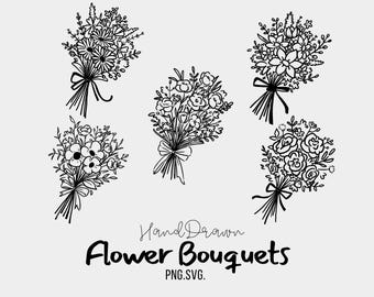 Hand-Drawn Floral Bouquet Clipart: Botanical Line Art (SVG, PNG)