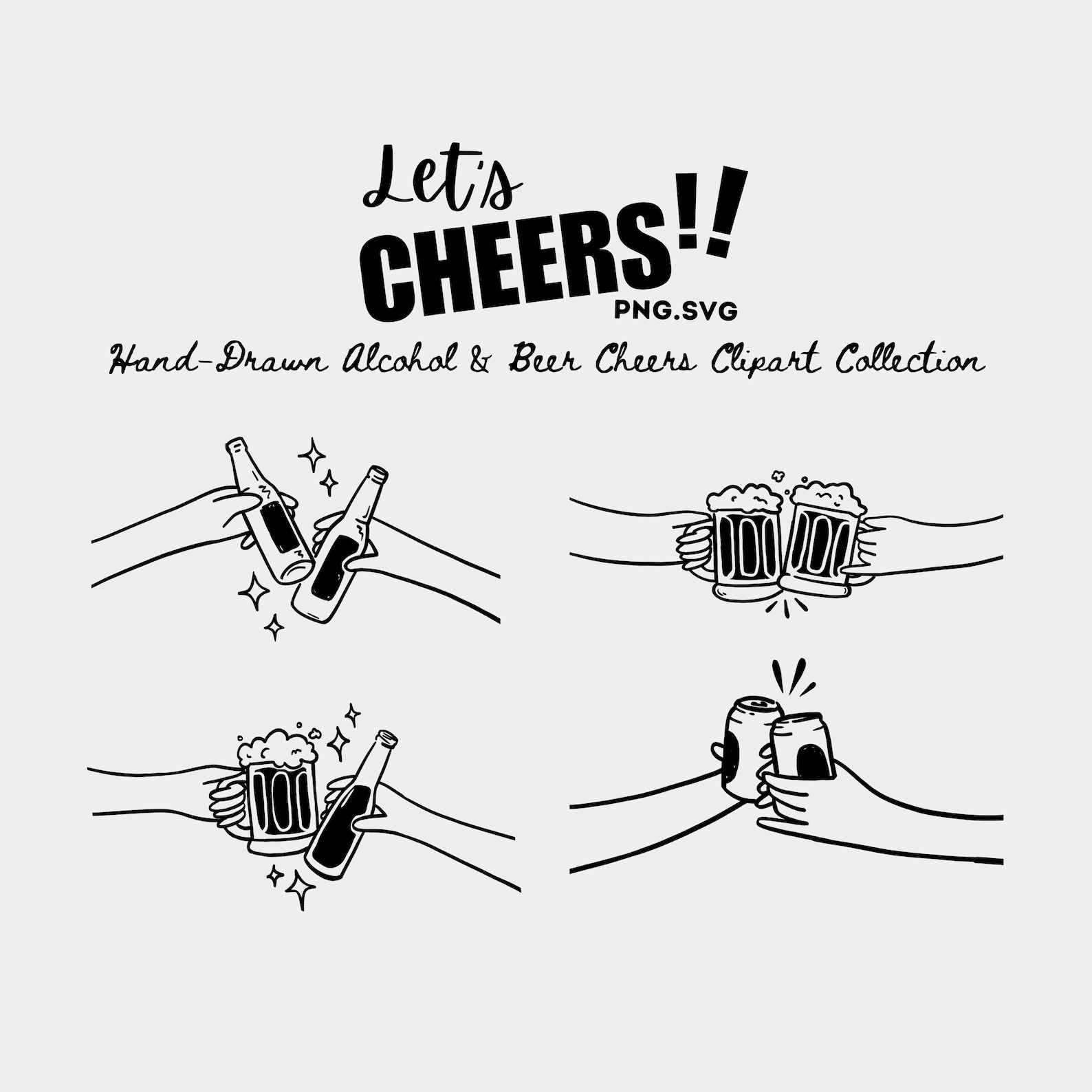 Hand-drawn Cheers Clipart: Alcohol & Beer Icons (SVG, PNG) - Etsy