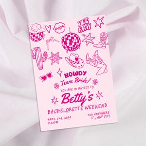 Rosa Cowgirl Junggesellinnenabschied Einladung Vorlage, niedliche Kokette kreative Skizze Gekritzel Bio Junggesellinnenabschied Einladung