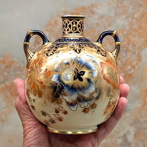 May include: A decorative ceramic vase with a round body and two handles. The vase features a cream-coloured base with gold, blue, and orange floral designs. The rim and handles are accented with dark blue and gold. The vase is held in a person's hand.