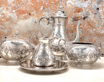 Superb, Very Rare c1856-58 Kilpatrick & Co Silver Plated Repousse 5 Piece Tea Set