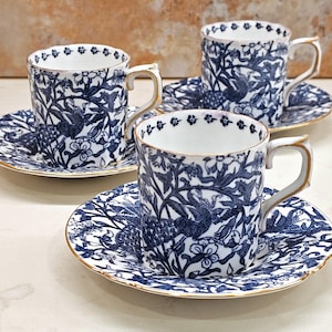 Rare, Vintage Royal Crown Derby 4x Blue Aves Peacock Demitasse Bone China Cup & Saucer Coffee Set  c.1952-54