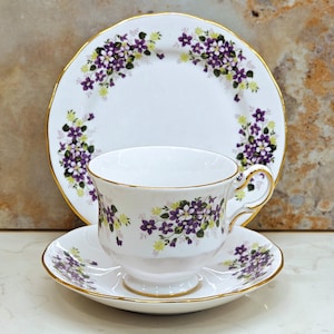 Vintage Queen Anne Purple Flowers/Violets Bone China Trio of Teacup, Saucer & Side Plate,  Pattern# 8625 c1959-66