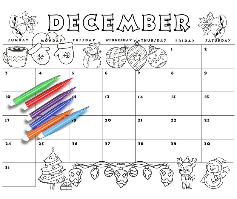 December 2023 Coloring Page Printable Calendar Unique and Fun PDF JPG
