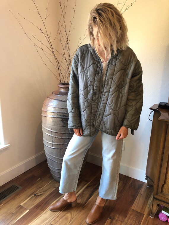 Army Green Liner Jacket Vintage Quilted Nylon Jack