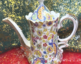 Vintage Dresden Style Porcelain Coffee Pot | Hand Painted Florals Gold Trim