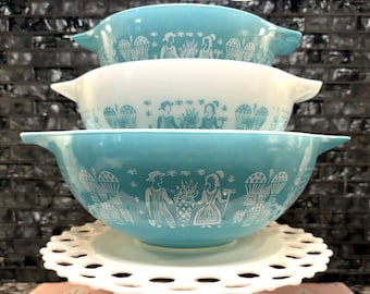 Vintage Pyrex Amish Butterprint Cinderella Schalen | 442 443 444 | Türkis & Weiß