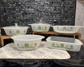 Vintage Fire-King Meadow Green Bakeware Collection | Milk Glass Casserole & Baking Dishes | Mid Century Kitchen