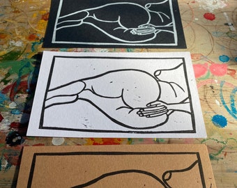 hand printed booty butt linocuts - set of 3 - set no. 5