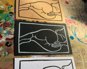 hand printed booty butt linocuts - set of 3 - set no. 6