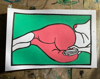 hand printed & hand painted booty butt linocut