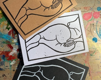 hand printed booty butt linocuts - set of 3 - set no. 1