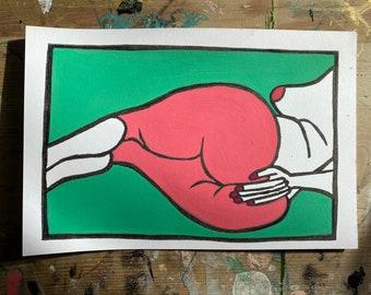 hand printed & hand painted booty butt linocut