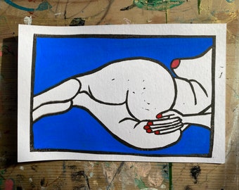 hand printed & hand painted booty butt linocut