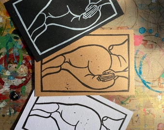 hand printed booty butt linocuts - set of 3 - set no. 2