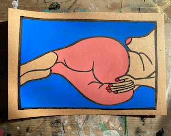 hand printed & hand painted booty butt linocut