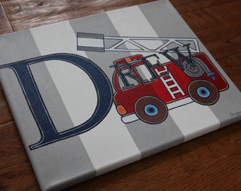 Hand Painted Fire Truck Engine Fireman Vehicles themed Canvas Art Custom Personalized Name Gray Striped Wall Boys Bedding Room Decor
