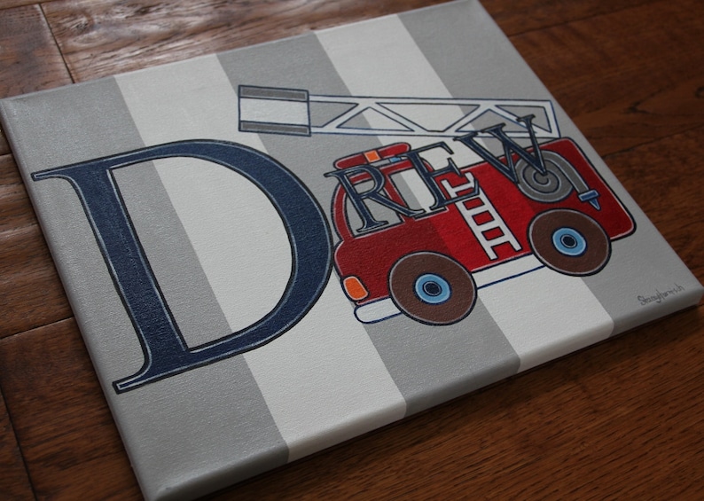 Hand Painted Fire Truck Engine Fireman Vehicles Themed Canvas Art Custom Personalized Name Gray Striped Wall Boys Bedding Room Decor